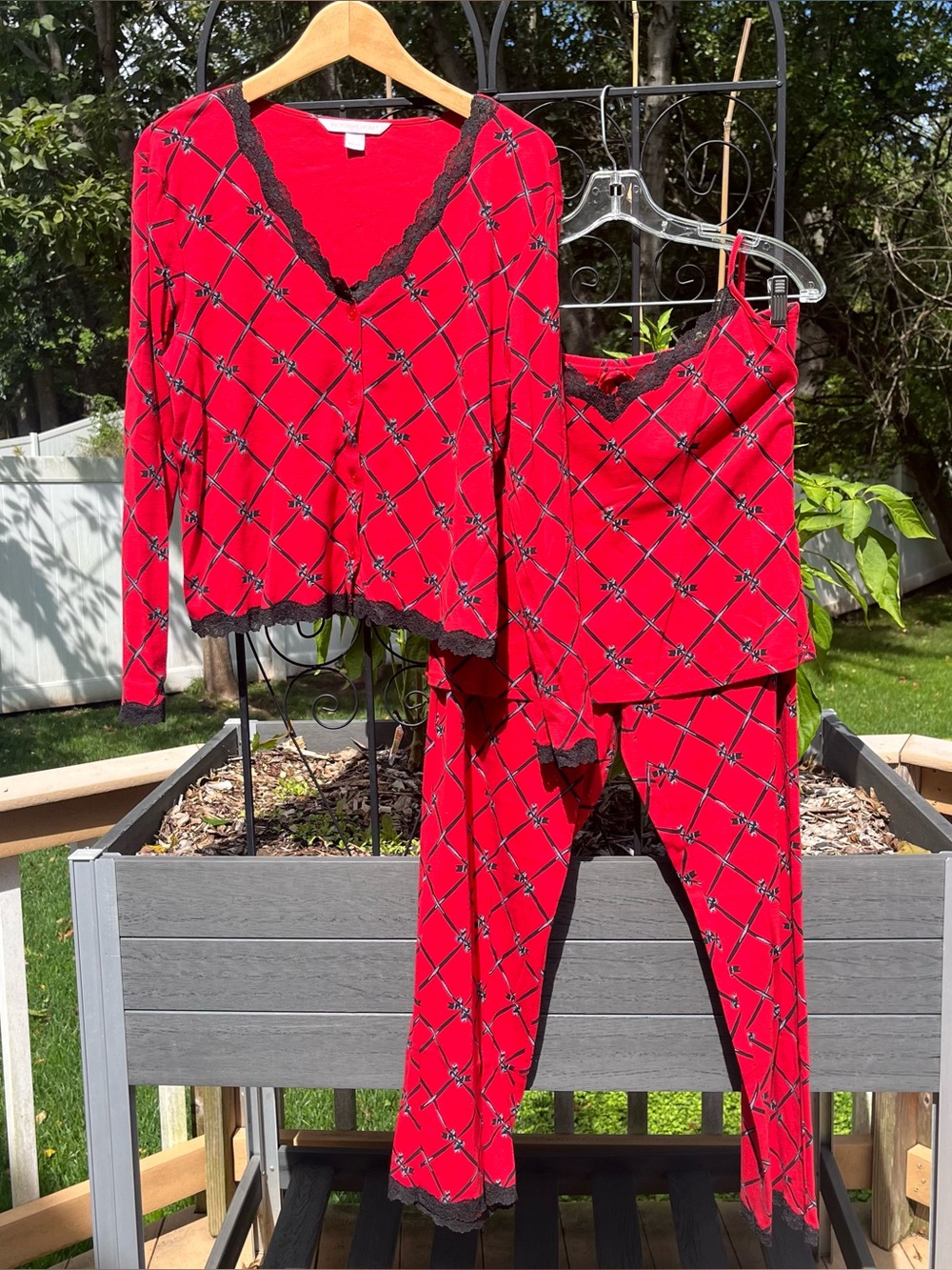 Vtg Y2K Victoria’s Secret 3-Piece Red Cotton Black Bows Lace Trim Pajama Set L